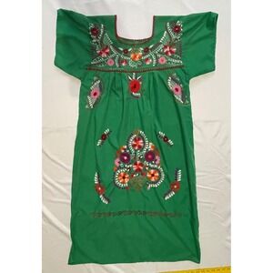 handmade Green Peasant Patio Tunic‎ Embroidered Mexican Dress SM/MD